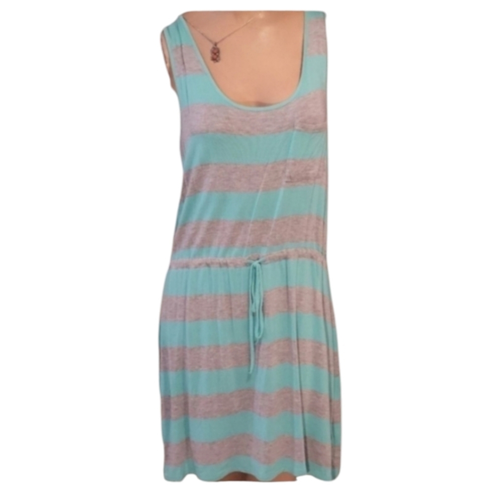Vintage Olive & Oak Blue Green Gray Striped Summer Tank Dress Size Medium